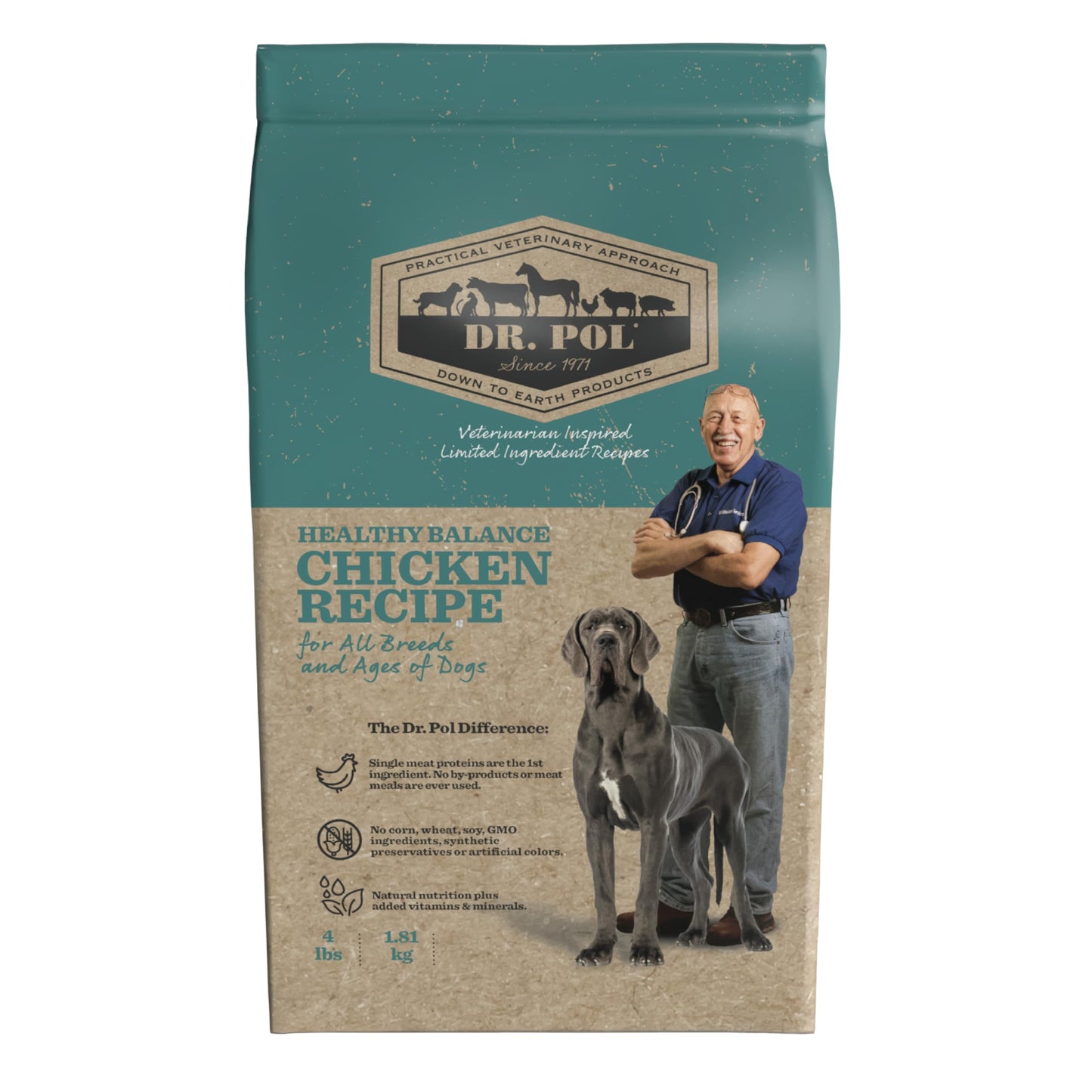 Dr. Pol Limited Ingredient Chicken Dog Food - Natural Healthy Balance Kibble, Single Meat Source, Vet Formulated for Allergies and Sensitive Stomachs, Made in USA, Chicken 4lb Bag