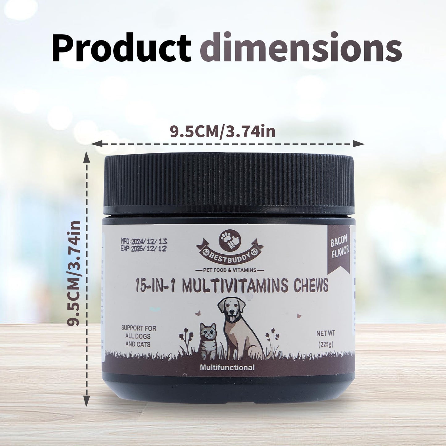 Best Buddy Multivitamin 15-in-1 Treats for Dogs, Complete Health Supplement Joint Support + Digestive Enzymes, Grain Free Dog Vitamins and Supplements for Skin & Coat (Bacon/Pork, 225g)