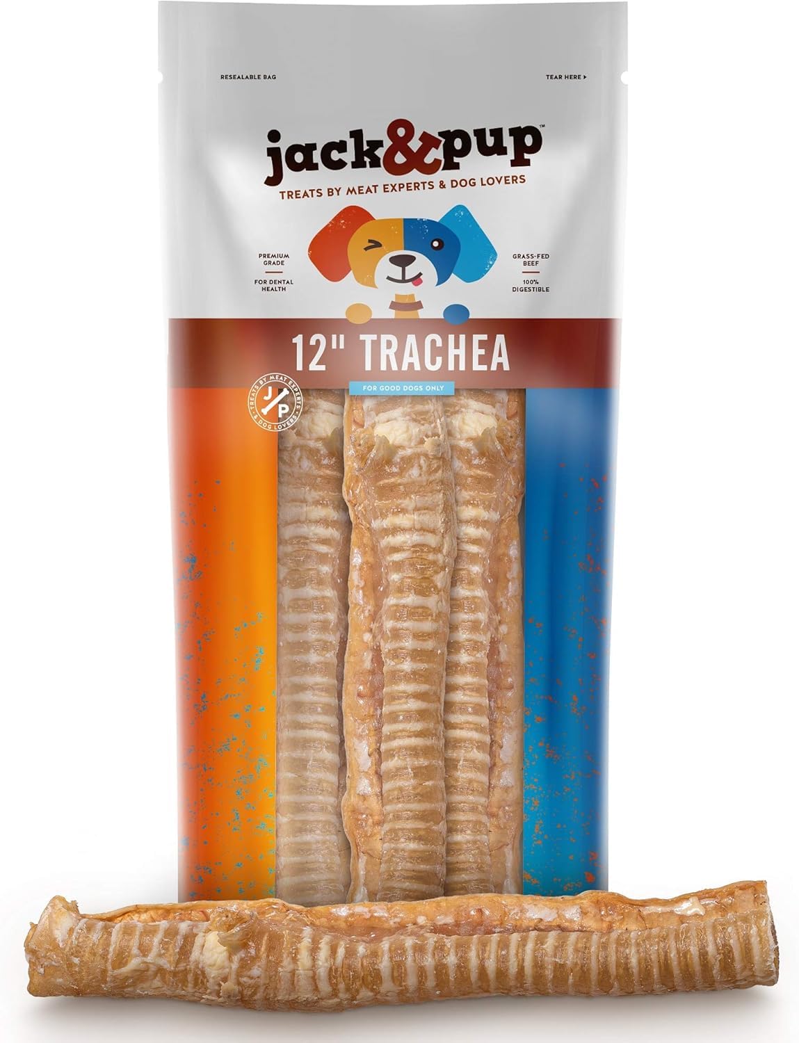 Jack&Pup 12" Beef Trachea for Dogs | All Natural Single Ingredient Dog Treat Dog Trachea Chews | Savory and Fun Treat for Dogs (3 Pack)