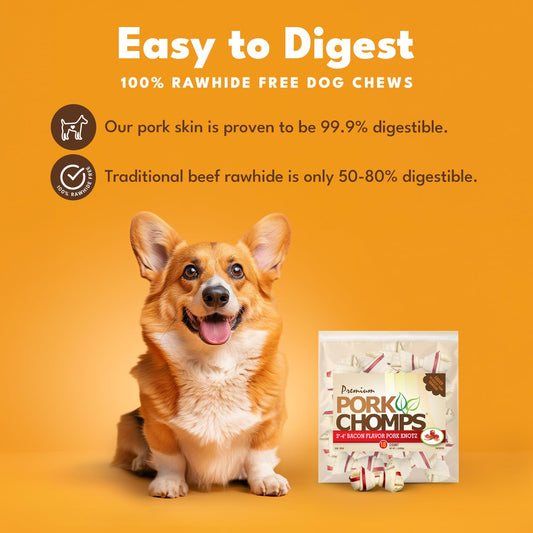 Pork Chomps Baked Pork Skin Dog Chews, 3-inch Knots, with Bacon Flavor Strip, 18 Count