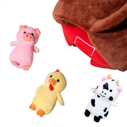 Glow Pups Interactive Hide and Seek Dog Toys for large dogs, medium dog and small dogs, Barnyard Adventure Plush Toy with Crinkle Sound and Squeaky Animals, Red and Brown Barn with 3 Pack Farm Animals