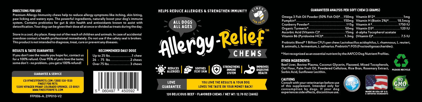 Finest For Pets Dog Allergy Relief - Dog Allergy Chews Itch Relief, Seasonal Allergy Support for Itchy Skin, with Omega 3, Pumpkin & Probiotics (120 Soft Chews)