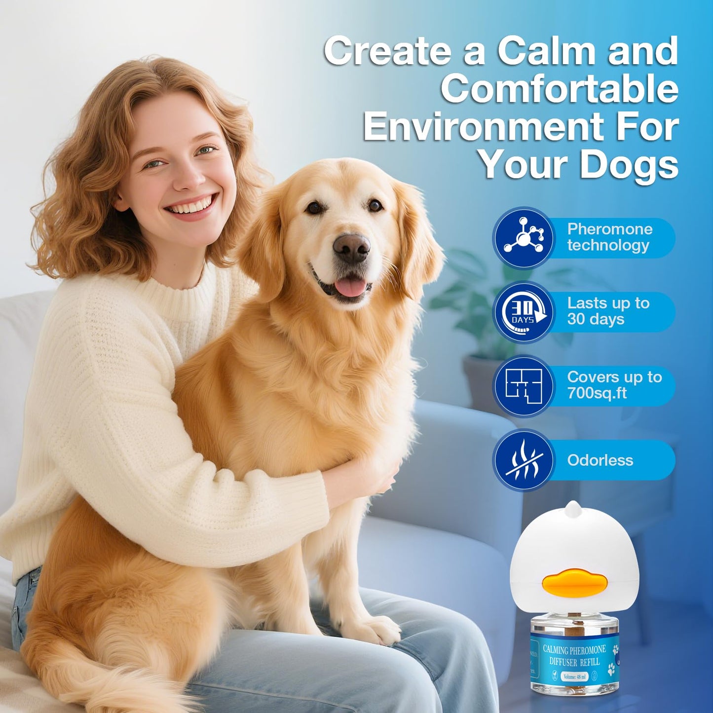 SUOOCH Dog Calming Diffuser 3 in 1 Kit Appeasing Pheromone Diffuser to Calm (1 Plug in+1 Pack 48ml Refill) for Anxiety Relief Reduce Aggression Fighting Barking Stress 30 Day Supply(Tasteless)