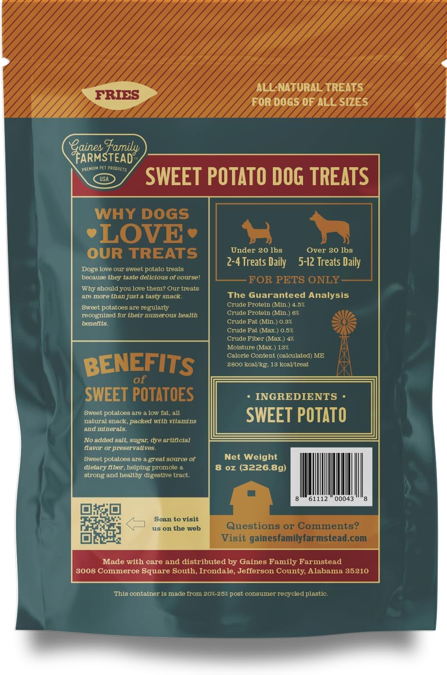 Gaines Family Farmstead Sweet Potato Fries for Dogs – 14 oz, Grain-Free, Single Ingredient Dog Treats, Crispy Rawhide-Free Chews, High-Fiber Snacks for Training, Made in USA