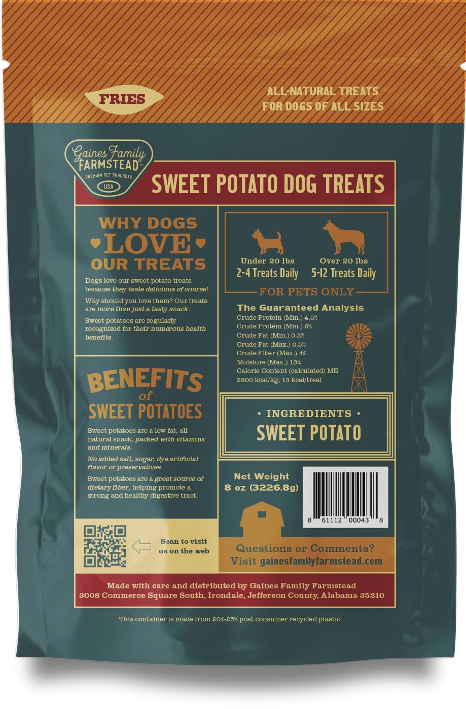 Gaines Family Farmstead Sweet Potato Fries for Dogs – 14 oz, Grain-Free, Single Ingredient Dog Treats, Crispy Rawhide-Free Chews, High-Fiber Snacks for Training, Made in USA