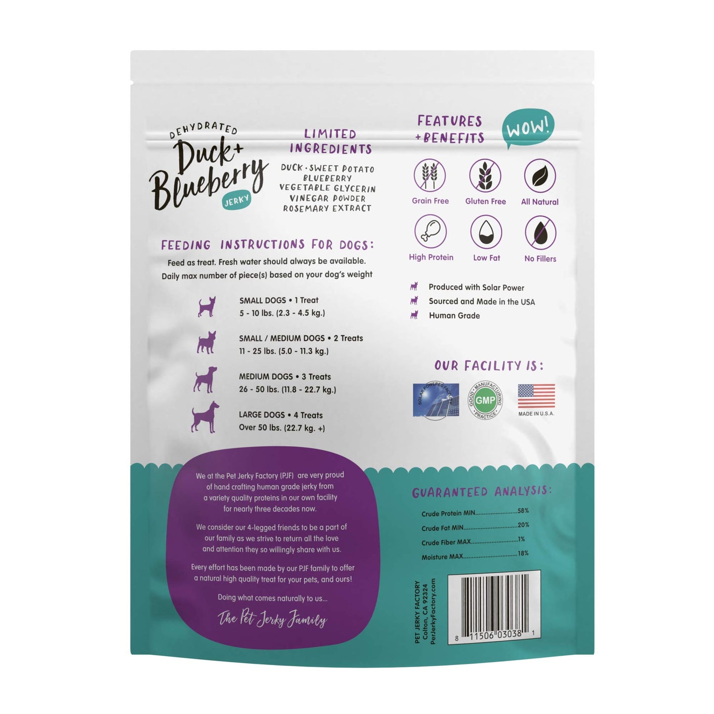 Pet Jerky Factory Premium Duck and Blueberry 12 oz. Dog Jerky Treats | 100% Human Grade | USA Made | High Protein | Grain Free | Limited Ingredients | No Filler | BHA-BHT Free | Soft-Tender
