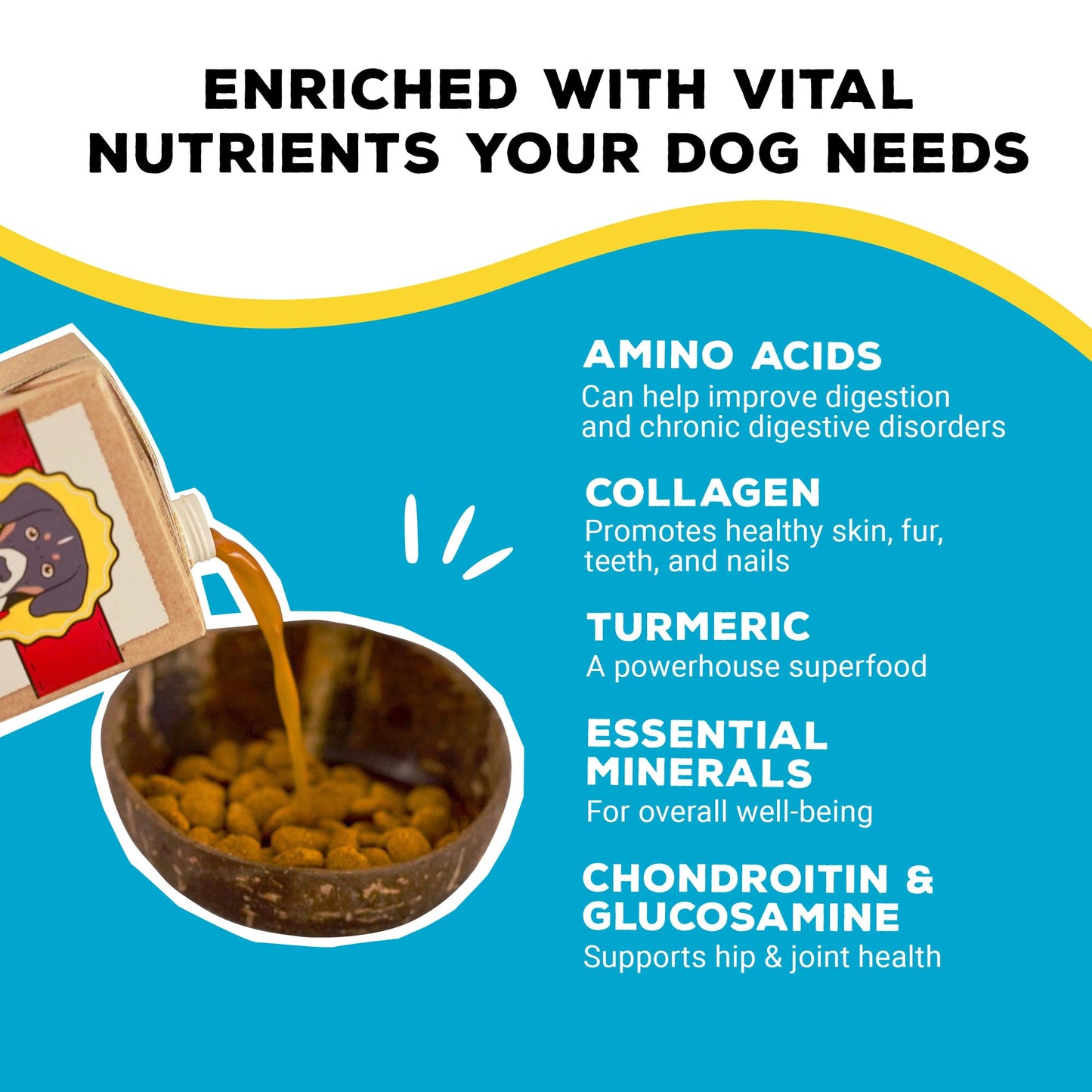 Brutus Beef Bone Broth for Dogs - All Natural Bone Broth with Chondroitin Glucosamine & Turmeric, Human Grade Food Toppers for Picky Eaters & Dry Food -Tasty & Nutritious- Pack of 6