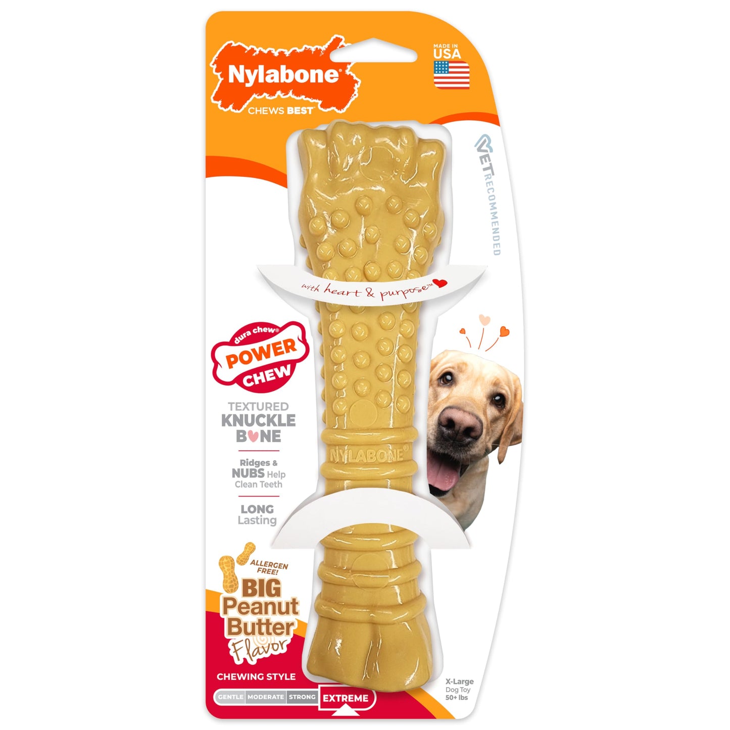 Nylabone Power Chew Textured Knuckle Bone - Dog Toys for Aggressive Chewers - Peanut Butter Chew Toy - Large Dog Chew Toys - Peanut Butter Flavor, X-Large - Over 50 Ibs. (1 Count)