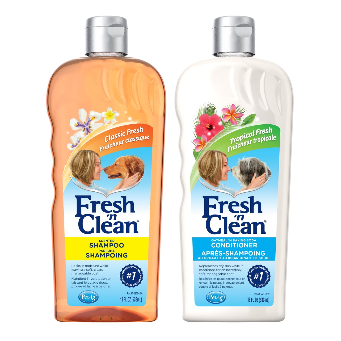 PetAg Fresh ’n Clean Scented Shampoo, Classic Fresh Scent (18 oz) + Oatmeal ’n Baking Soda Conditioner, Tropical Breeze Scent (18 oz)