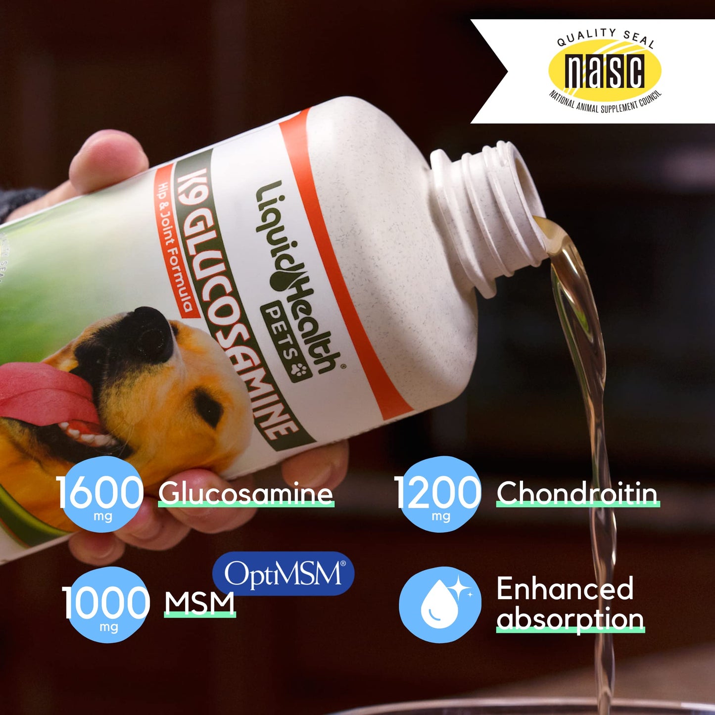 LIQUIDHEALTH 32 Oz K9 Liquid Glucosamine and Vegetarian for Dogs, Puppies and Senior Canines - Chondroitin, MSM, Hyaluronic Acid – Joint Health, Dog Vitamins Hip Joint Juice, Joint Oil