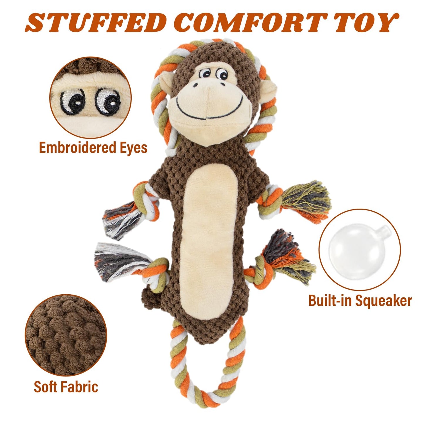 CneeeeeB Squeaky Durable Dog Toy Large Breed, Tug of War Dog Interactive Toy, Stuffed Plush Puppy Toy with Crinkle Paper for Small, Middle, and Big Dogs Monkey,Orangutan Shape