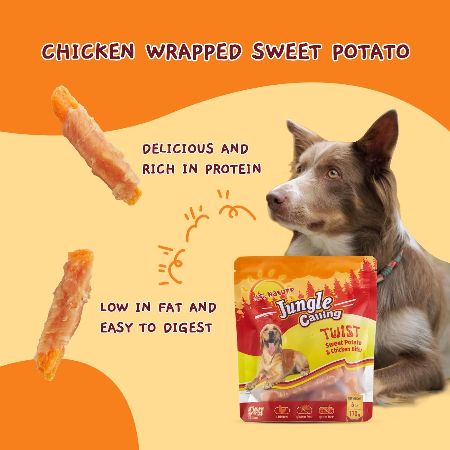 Jungle Calling Dog Treats, Skinless Chicken Wrapped Sweet Potato, Gluten and Grain Free, Chewy Dog Bites for Balanced Nutrition, 6 oz