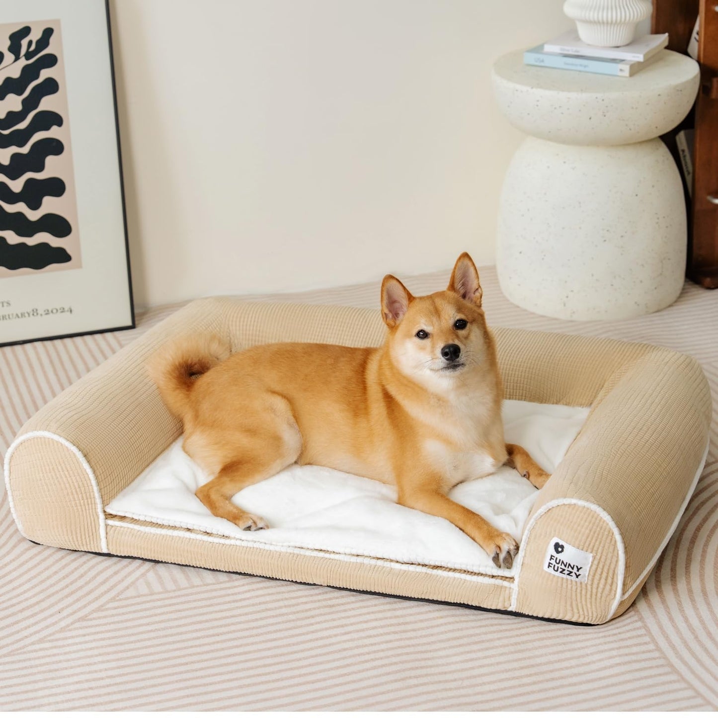 FUNNY FUZZY Orthopedic Dog Bed – Washable Dog Bed with Double Layer Plush Cushion Sofa Style Design with Bolstered Sides for Small Medium & Large Dogs Removable Cover M Size (23.6"x19.7"x6.9") Beige