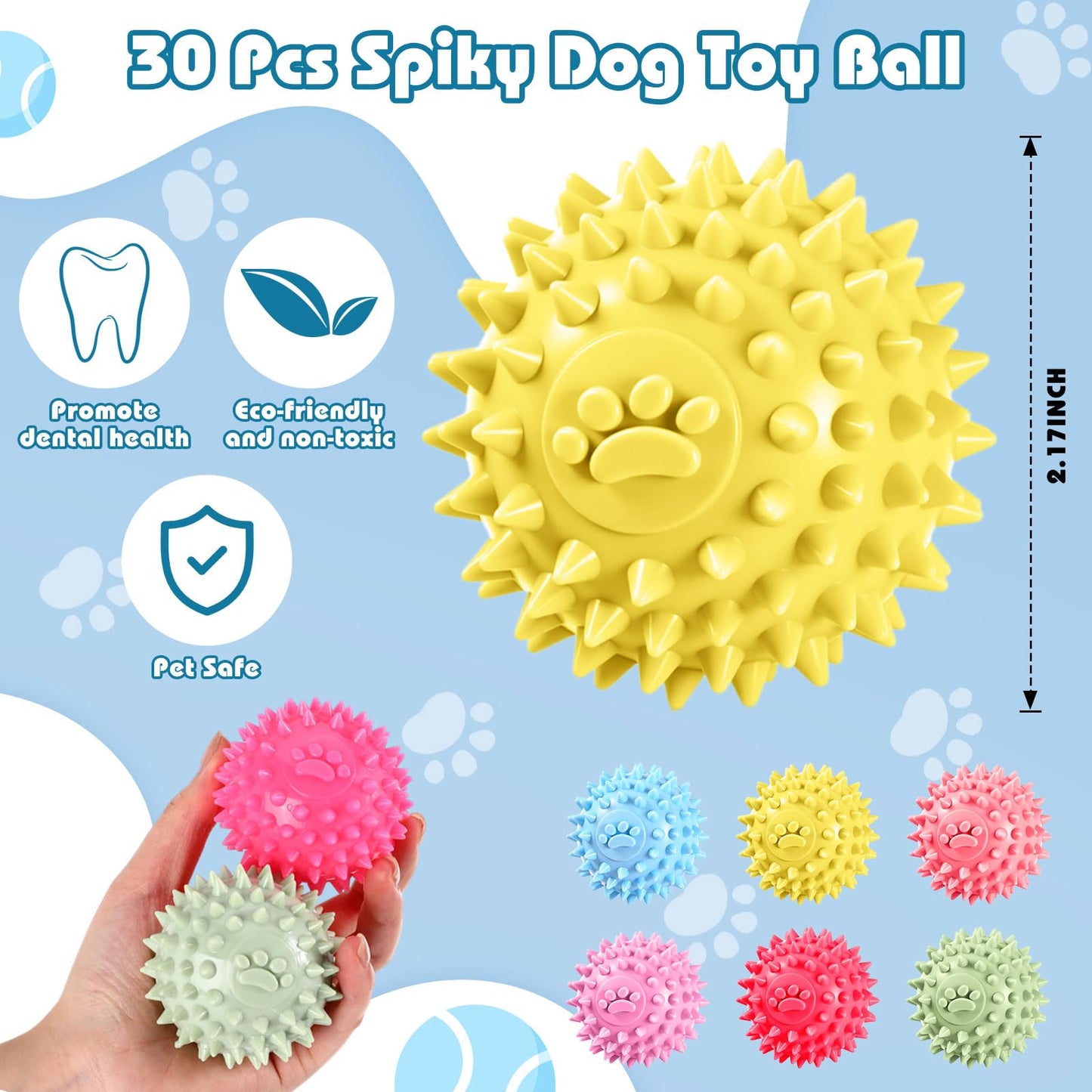 Soulchen 30 Pack 2.2 Inch Spiky Dog Balls Toys for Small Medium Puppy Durable Rubber No Squeak Spiky Balls for Aggressive Chewers Colorful Fetch Toys for Puppy Clean Teeth and Training