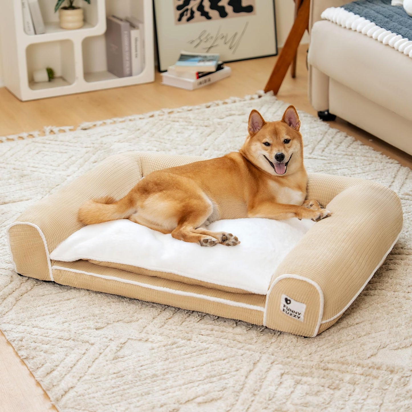 FUNNY FUZZY Orthopedic Dog Bed – Washable Dog Bed with Double Layer Plush Cushion Sofa Style Design with Bolstered Sides for Small Medium & Large Dogs Removable Cover M Size (23.6"x19.7"x6.9") Beige