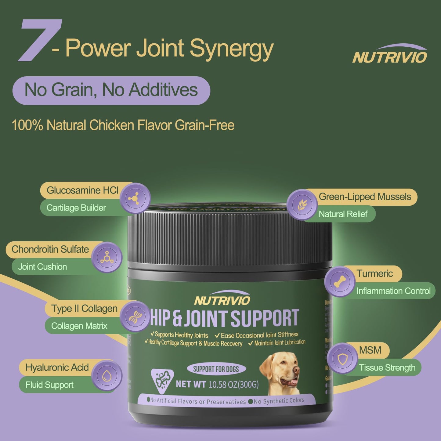 Nutrivio Hip and Joint Supplement for Dogs Chews with Glucosamine HCI, Chondroitin, MSM, Omega-3 & Turmeric – Joint Pain Relief – Large & Small Breed - Mobility Support- Natural Chicken Flavor