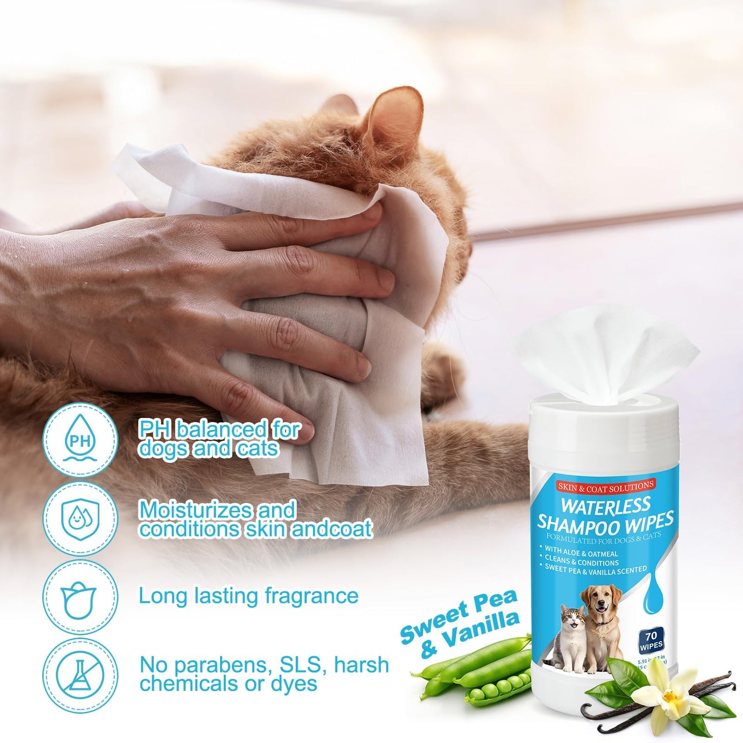 Threlaco 3 Pcs 210 Count Waterless Shampoo Wipes for Dogs Cats 5.91 x 5.12 Inches Dry Pet Bath Cleaning Wipes Safe Disposable for Puppy Cat Cleaning Fur, Deodorizing, Grooming, Sweet Pea Vanilla