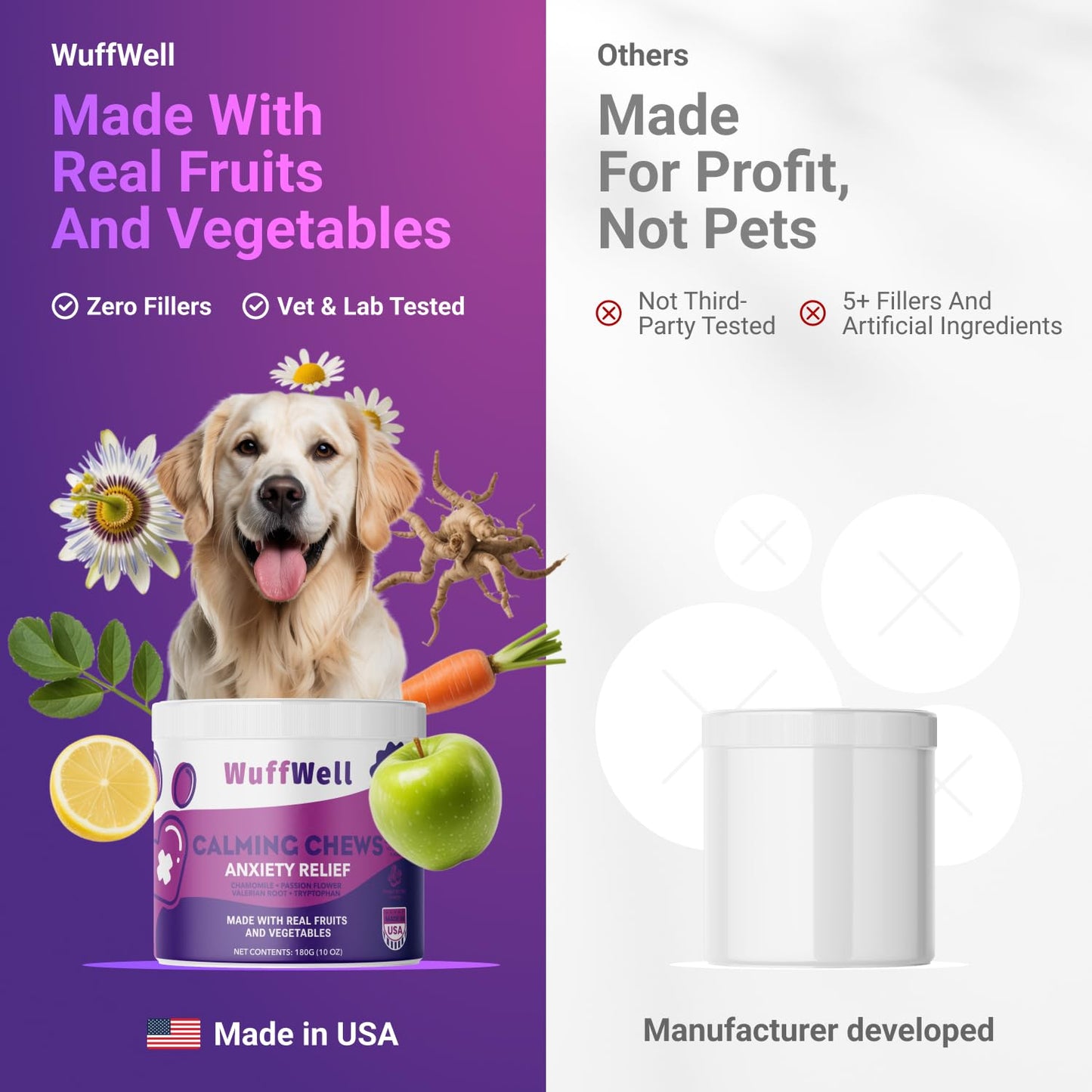 WuffWell Calming Chews for Dogs Relaxation & Hyperactivity – Chamomile, Passion Flower, Valerian Root & Tryptophan Infused Calming Bites for Dog Anxiety Relief – Made in USA – 140 Count