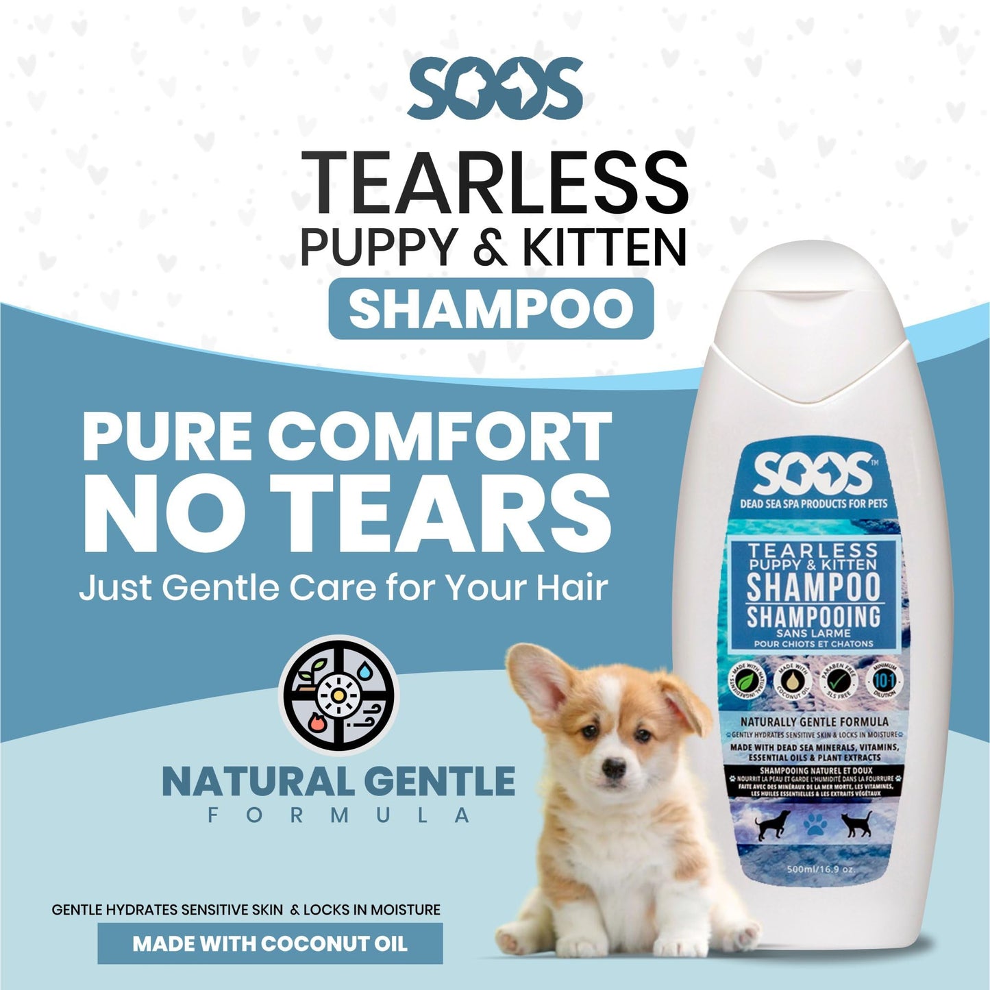Soos Pet Tear-Less Shampoo for Puppies and Kittens | Natural Dead Sea Minerals | Fast Absorbing, Moisturizing, Gentle Skin Care | Vitamins & Essential Oils for Sensitive Skin - 500ml