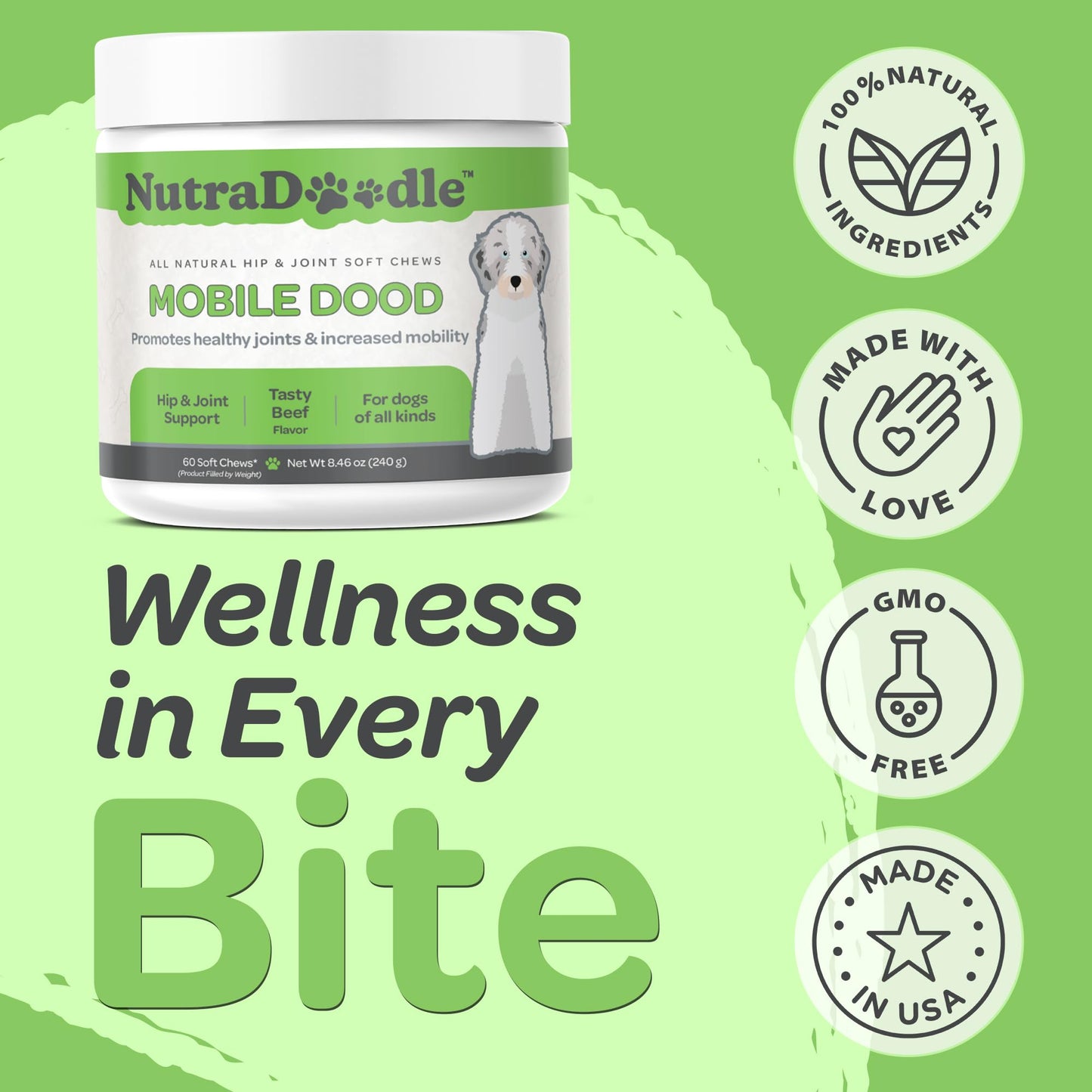 NutraDoodle Mobile Dood Hip and Joint Supplement for Dogs – Senior Dog Supplements with Omega 3, Glucosamine Chondroitin, Vitamin C – 60 Soft Chews