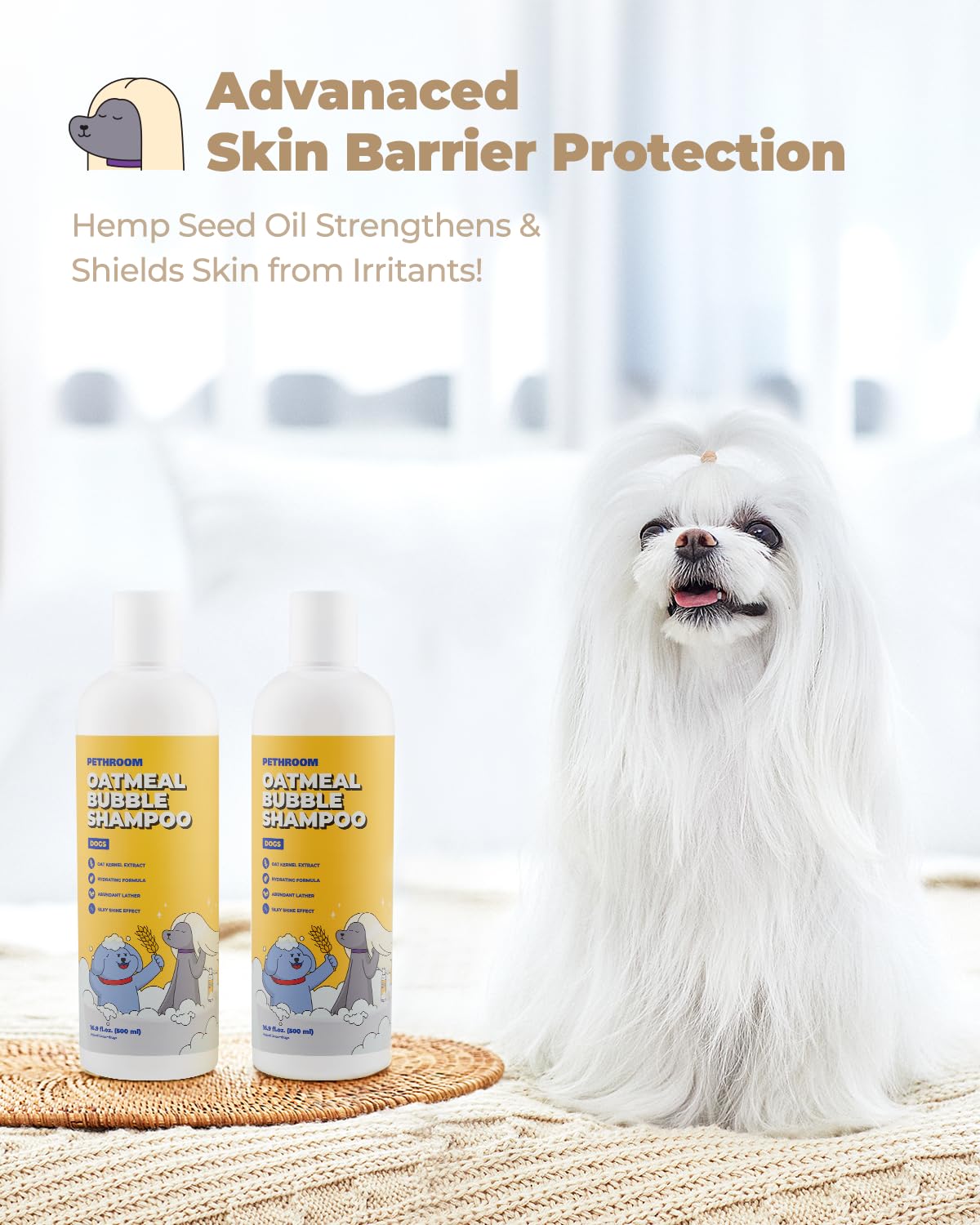 [PETHROOM] Premium Oatmeal Dog Shampoo for Itchy Sensitive Skin Relief – 500ml | Hypoallergenic Dog Shampoo with Oat, Hemp, Lavender & Milk Protein, Dry Skin Treatment, and Allergy Relief (Oatmeal)