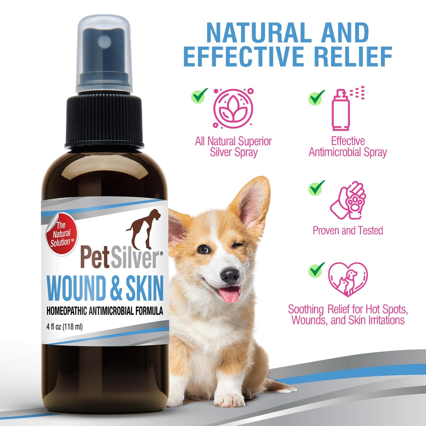 PetSilver Wound & Skin Spray - Dog Wound Spray, Hot Spot, Allergy Relief for Dogs, Itch Spray for Cats - Natural Skin Soother - Chelated Silver, Superior to Colloidal Silver - Made in USA - 4 fl oz
