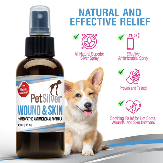 PetSilver Wound & Skin Spray - Dog Wound Spray, Hot Spot, Allergy Relief for Dogs, Itch Spray for Cats - Natural Skin Soother - Chelated Silver, Superior to Colloidal Silver - Made in USA - 4 fl oz