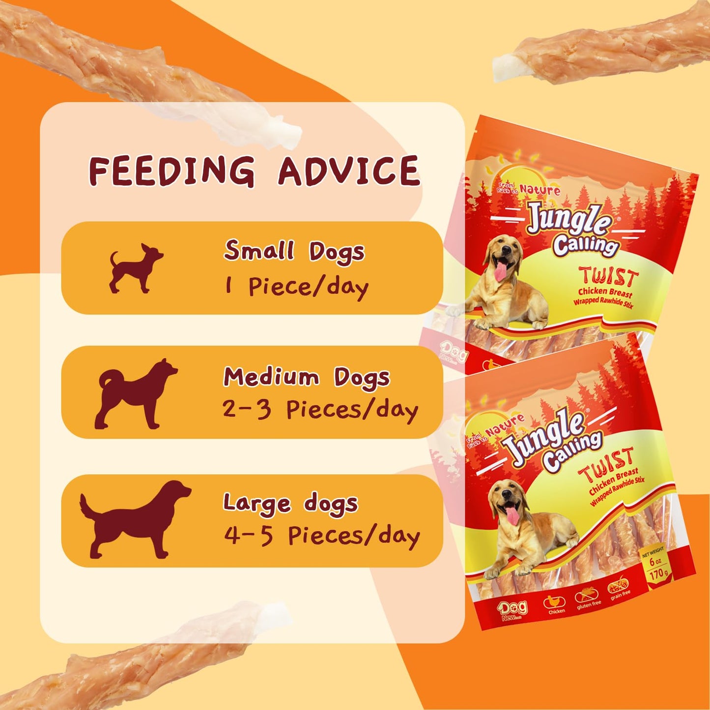Jungle Calling Dog Treats, Chicken Wrapped Rawhide Sticks for Dogs, Delicious and Nutritious Training Reward Treats and Dog Chews Snacks, 6 oz