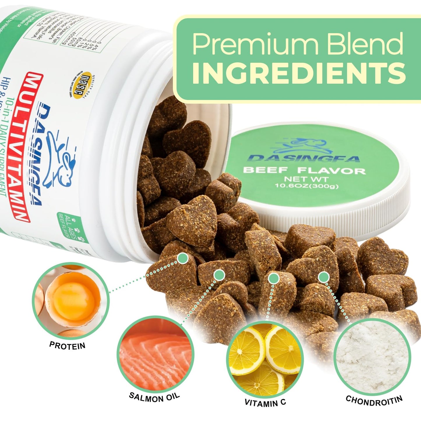 10-in-1 Dog Multivitamin Supplement, Calming Chews with Chondroitin & Probiotics, Mega Pack 10.6oz/300g (120 Chews), Supports Joint Health & Calming, Beef Flavor