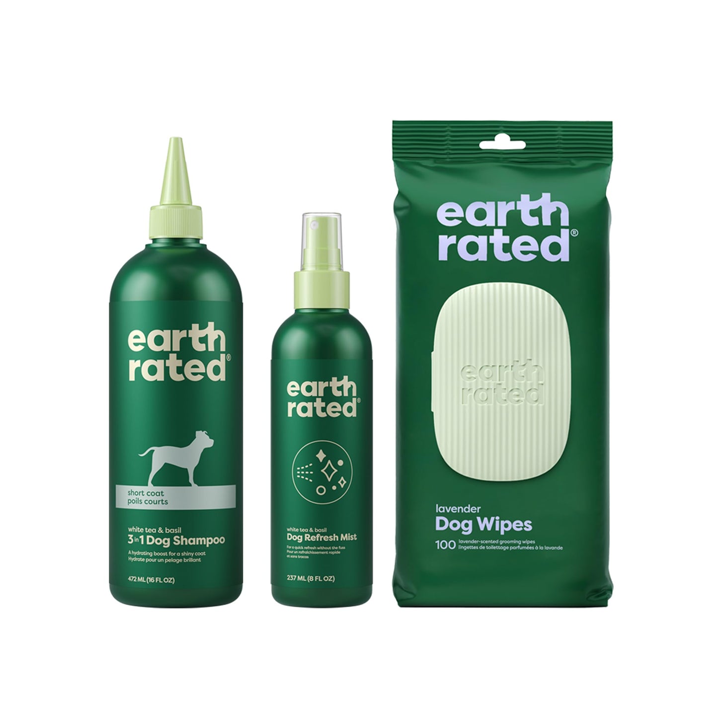 Earth Rated Short Coat Essentials - Dog Shampoo, Grooming Wipes & Refresh Mist