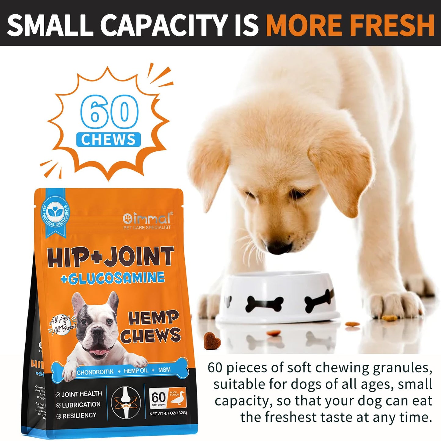 Hip and Joint Supplement for Dogs,Hip & Joint Pain Relief Pills - Large & Small Breed - Hip Joint Chews Canine Joint Health,Mobility & Flexibility Support -Duck Flavor 60 Count
