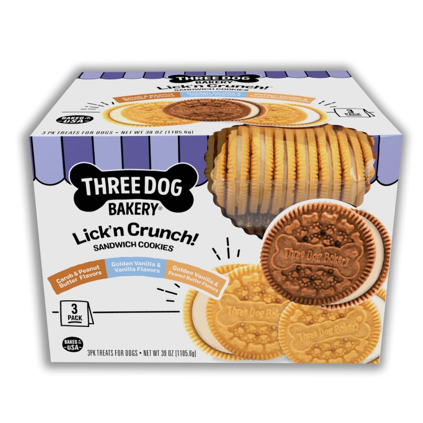 Three Dog Bakery Lick'n Crunch Sandwich Cookies Premium Dog Treats with No Artificial Flavors, Carob/Peanut Butter, Golden/Vanilla, 39 Ounces (Pack of 1)