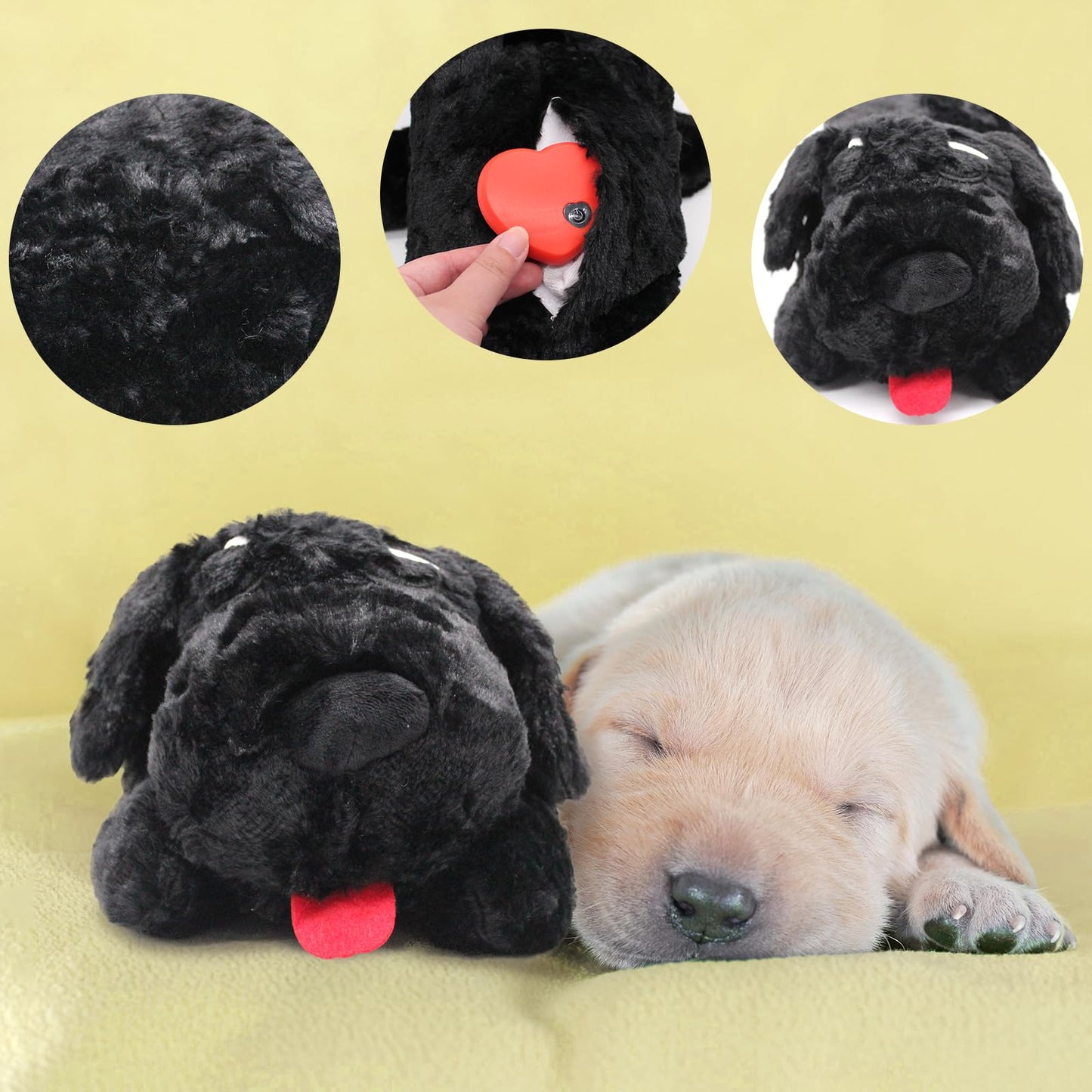 3T GROUP Heartbeat Puppy Toy Sleep Aid for Dogs,Heartbeat Dog Toy Stuffed Animal for Puppy Essentials Anxiety Relief Plush Pillow Calming Toys Keep Busy(Black)