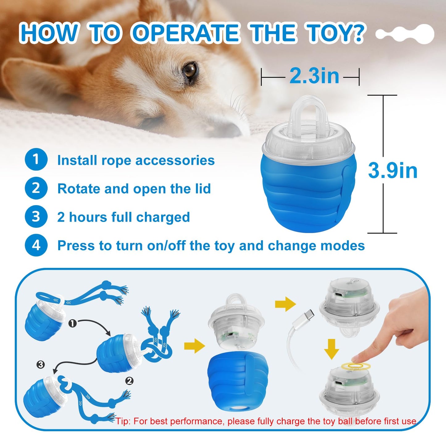 Huimpet Interactive Dog Toys, [2025 Newly Upgraded] Interactive Dog Ball for Medium/Large Dogs, Automatic Moving Dogs Toy Wicked Ball for Boredom & Training, Play Music, USB Rechargeable(Blue)