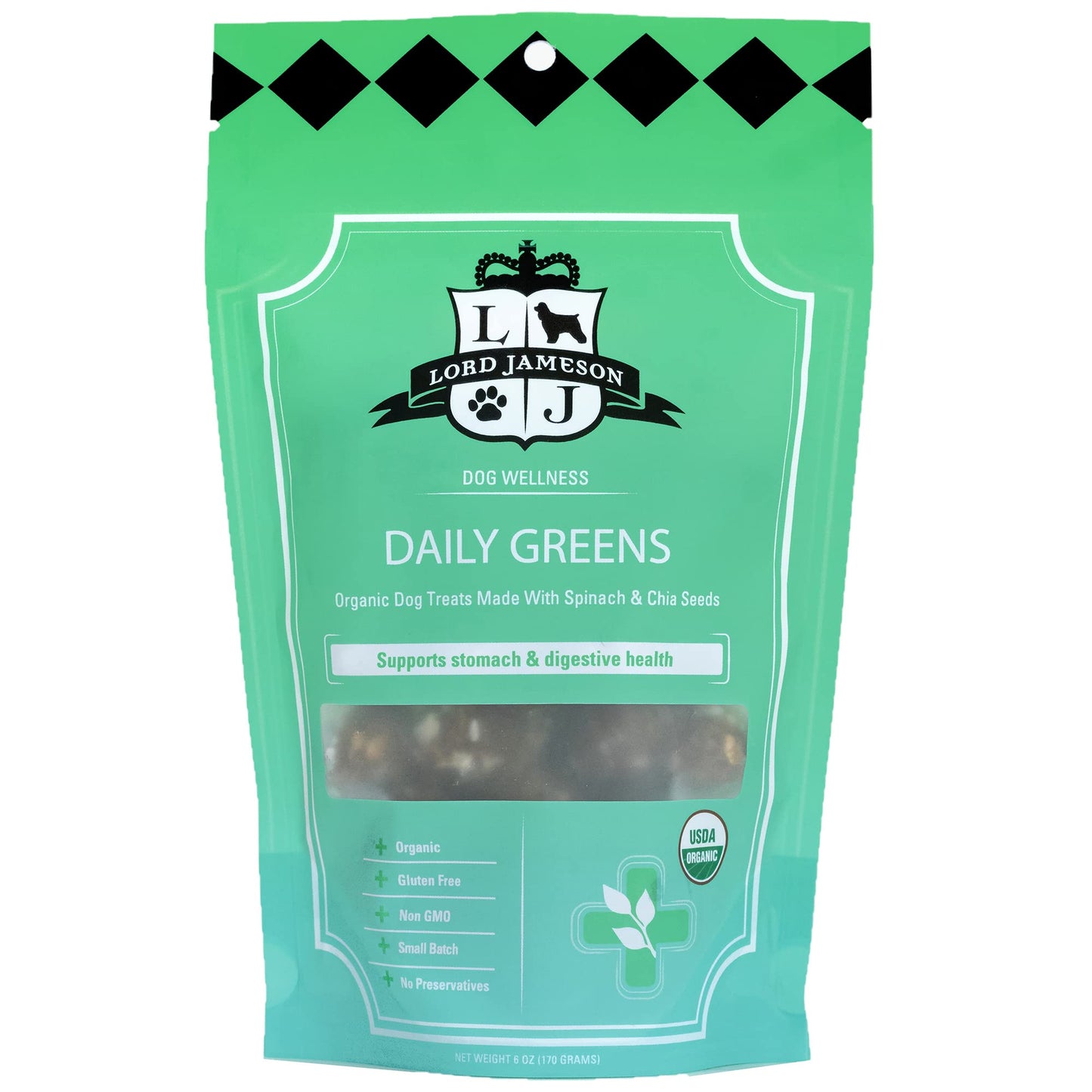 Lord Jameson Daily Greens Soft & Chewy Organic Dog Treats - Digestion Supporting Spinach, Dandelion, & Ginger - No-Bake, Gluten-Free, Preservative-Free, USDA Certified Organic - Made In USA 6 oz