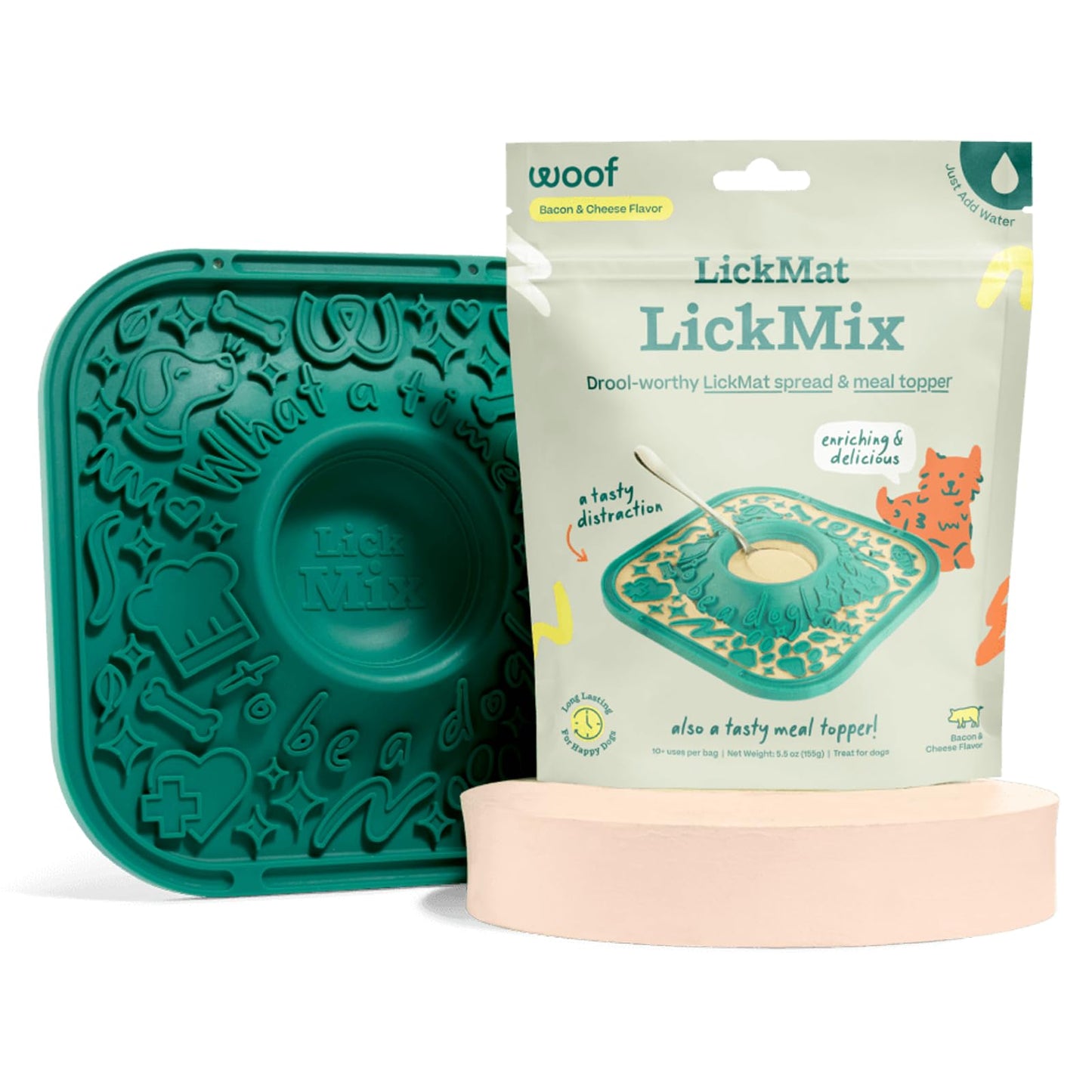 Woof Lick Mat and Bacon and Cheese LickMix Starter Pack Bundle - Dog Enrichment and Spread - Slow Feeder Mat with Non-Slip Design - Delicious, Lower Calorie Mix -Green