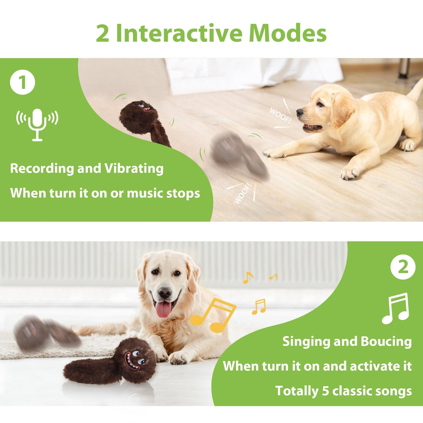 PETGEEK Interactive Squeaky Dog Toy, Automatic Moving Vibrating Dog Balls with Plush Cover, Rechargeable Perro Juguetes with Recording and Music Mode, Crinkle Pet Plush Toy for Boredom, Brown