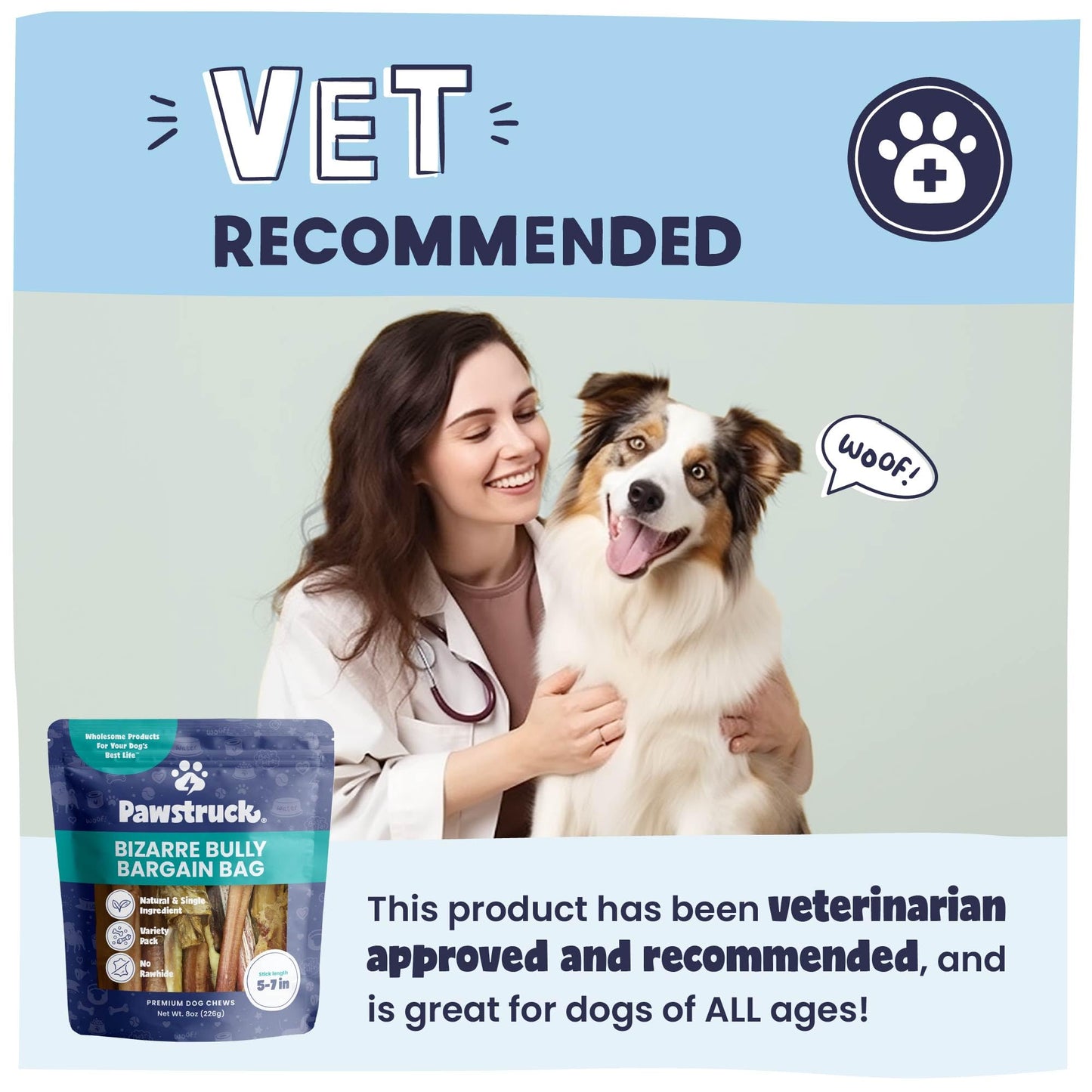 Pawstruck Natural Bizarre Bully Sticks Bargain Bag for Dogs and Puppies – Variety Pack of 5–7" Long-Lasting, Eco-Conscious Beef Chew Treats – 8 oz Bag – Packaging May Vary