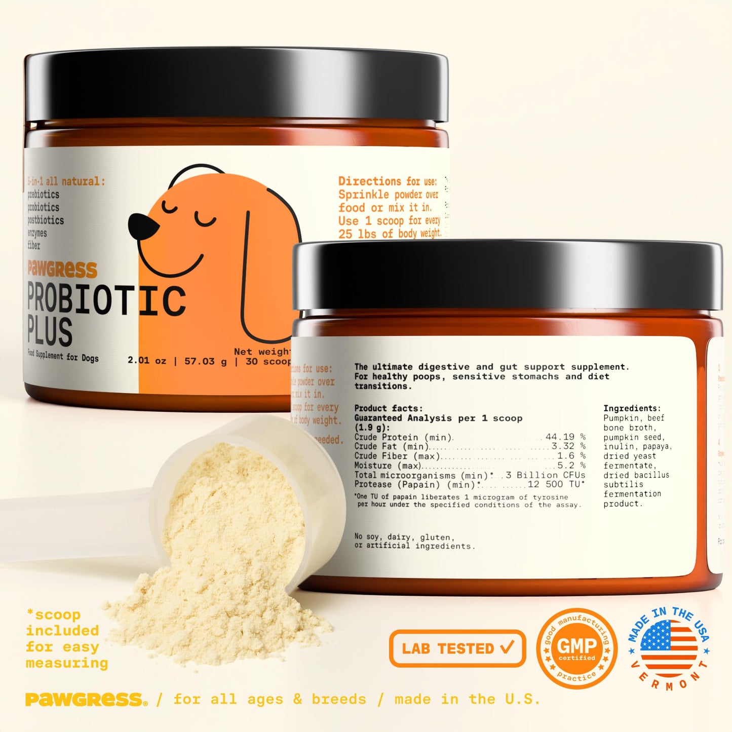 Pawgress 5-in-1 Dog Probiotic Powder – 100% Natural Gut Health Support with Prebiotics, Postbiotics & Enzymes – Crafted by Dog Nutritionist Kayla Kowalski, Made in USA – 30 Scoops