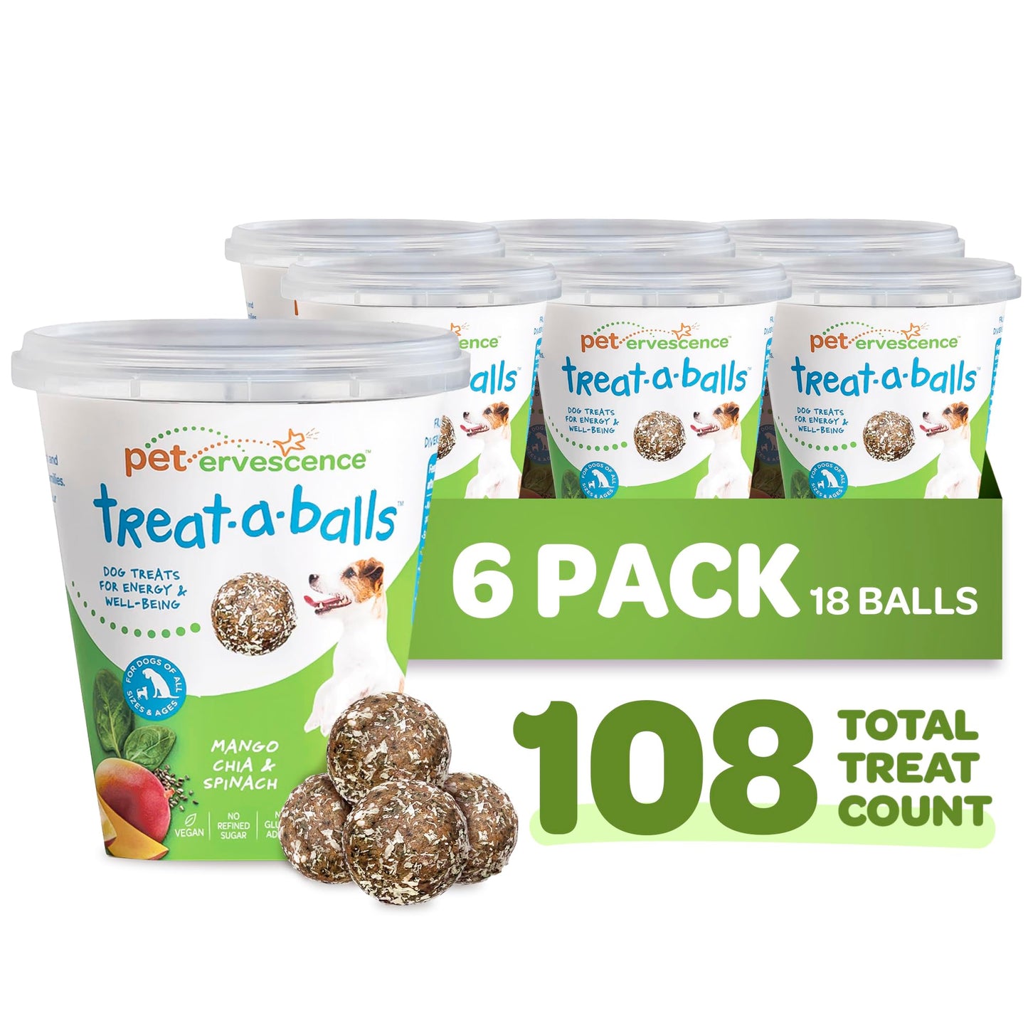 Nutritious All Natural Bulk Dog Treats - Vegan, Fiber-Rich, Human-Grade - All Breeds, Sizes, Ages - Made in New Zealand - Mango, Spinach & Chia - 6pk (108 Dog Treats Bulk)