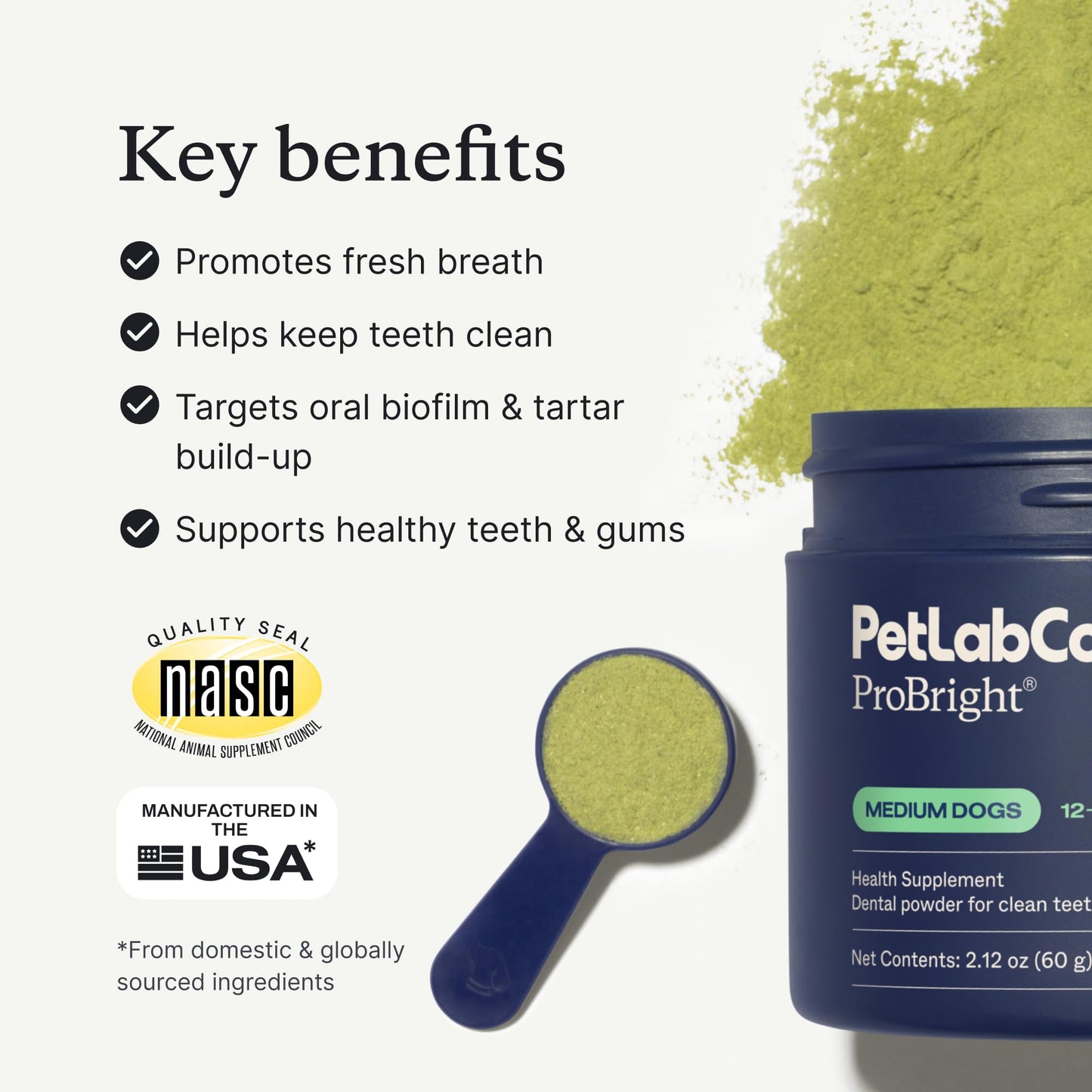 PetLab Co. ProBright Dental Powder - Dog Breath Freshener - Teeth Cleaning Made Easy – Targets Tartar & Bad Breath - Formulated for Medium Size Dogs - Packaging May Vary