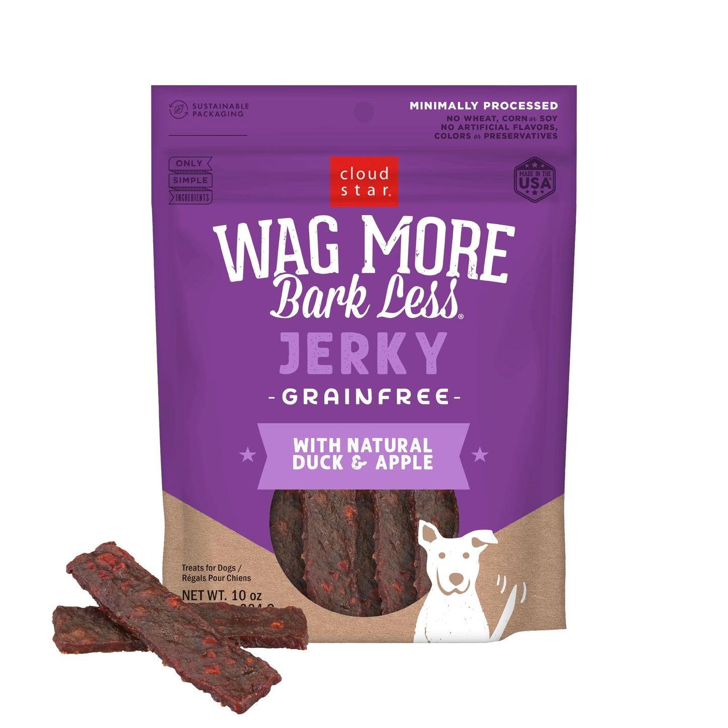 Cloud Star Wag More Bark Less 10 oz Grain Free Jerky Dog Treats with Duck & Apple
