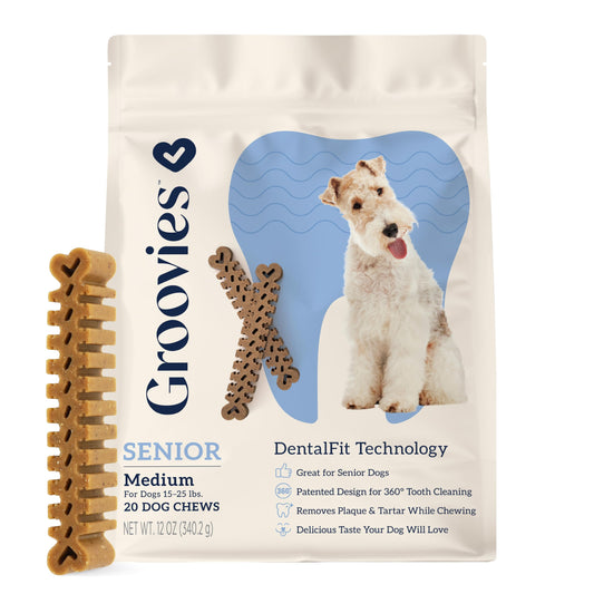 Groovies Slightly Softer, Yet Flexible Dental Chew for Senior Dogs & Delicate Chewers. Powered by USA-Patented DentalFit Tech. No Added Gluten, No Artificial Flavors or Colors. 12oz Medium (20Chews)