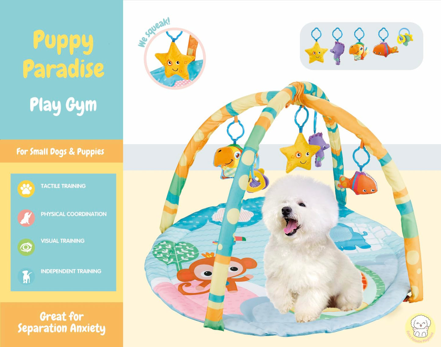 Cutie Patootie Playhouse Puppy Play Gym - Dog & Cat Activity Mat with Squeaky Toys - Interactive Sensory Mat for Pets (Suitable for Dogs & Cats Up to 25 lbs)