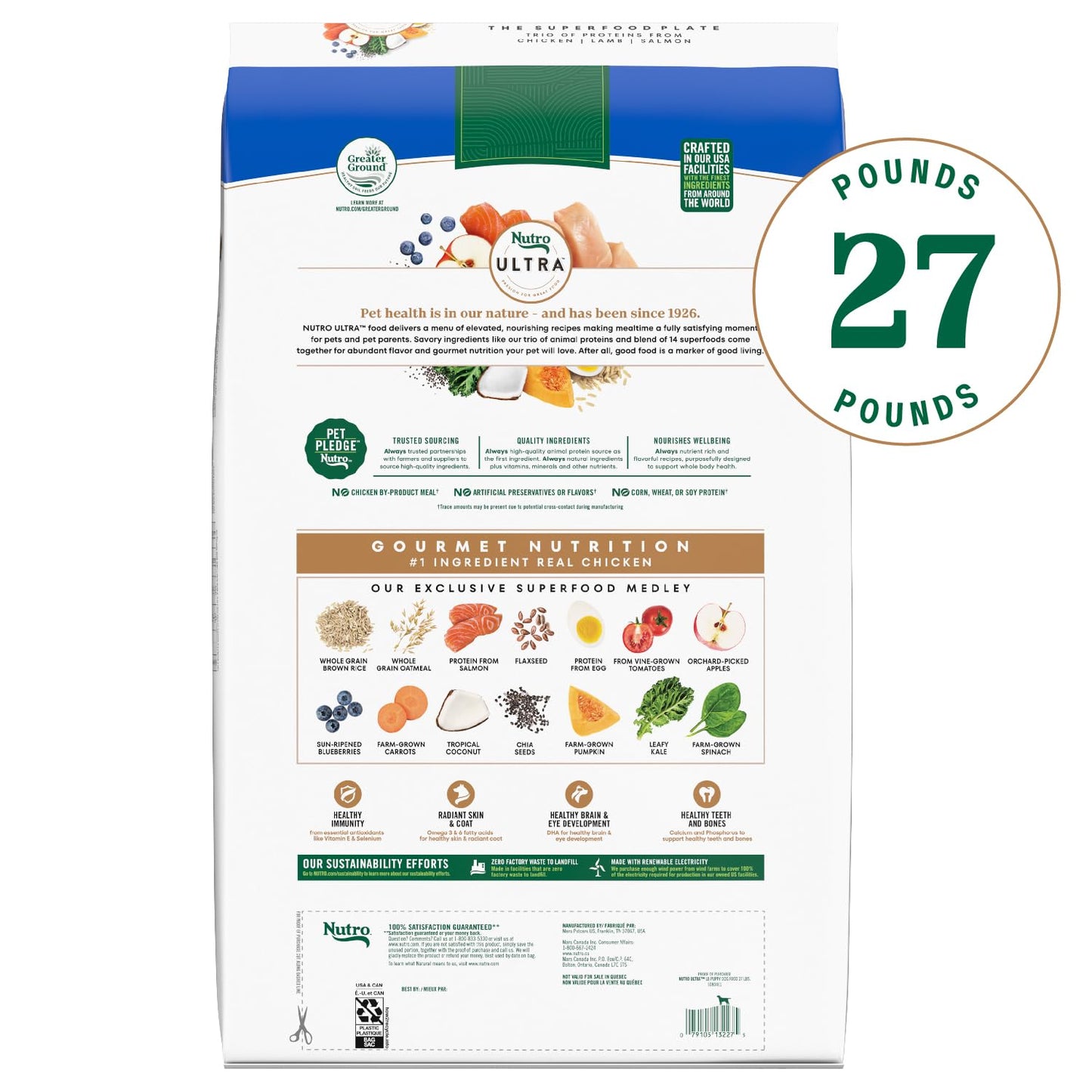 Nutro Ultra Large Breed Puppy Dry Dog Food, Chicken, Lamb and Salmon Protein Trio, 27 lb Bag