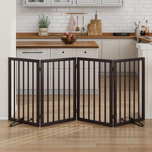 Dog Gate for Doorways 32" Tall Freestanding Dog Gate for Stair Foldable Pet Gate for Dogs Indoor (Brown,4 Panel)