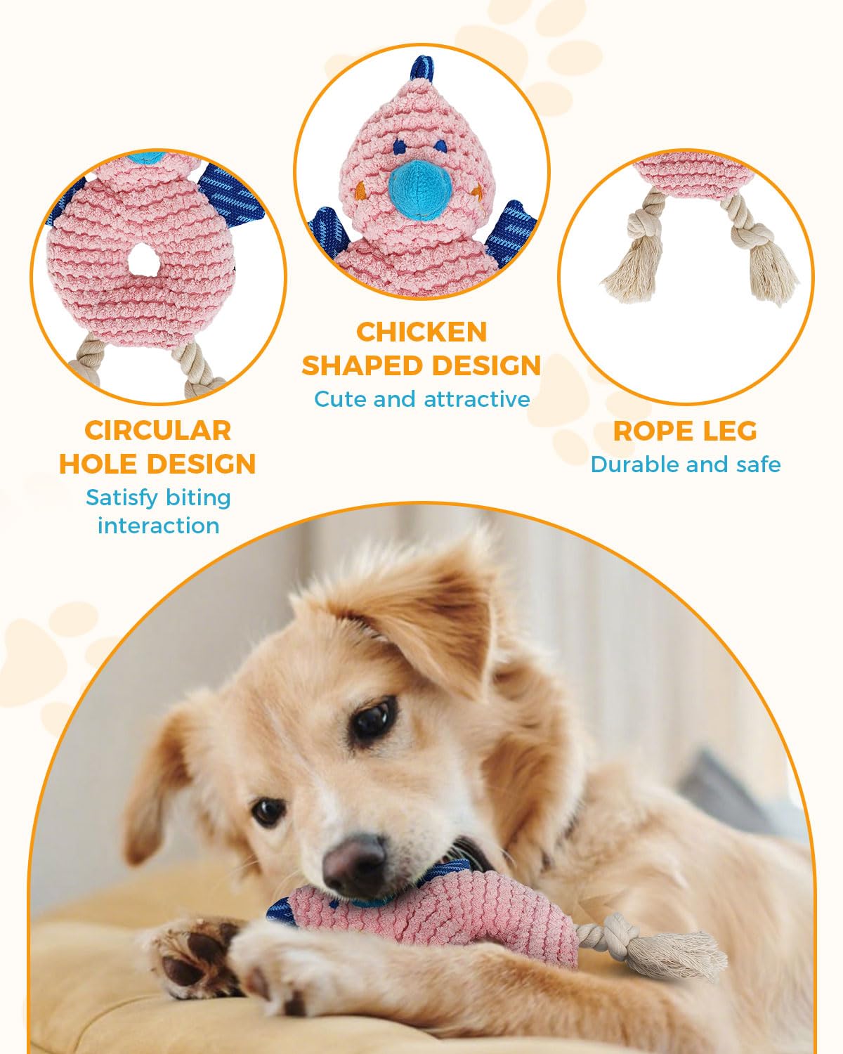 Moysoon Squeak and Crinkle 2-in-1 Plush Dog Toys for Small and Medium Dogs, Tug of War Bite and Pull Game, Soft and Durable Everyday Companion Toy, Chew-Resistant Pet Training Toy (Pink Chick)