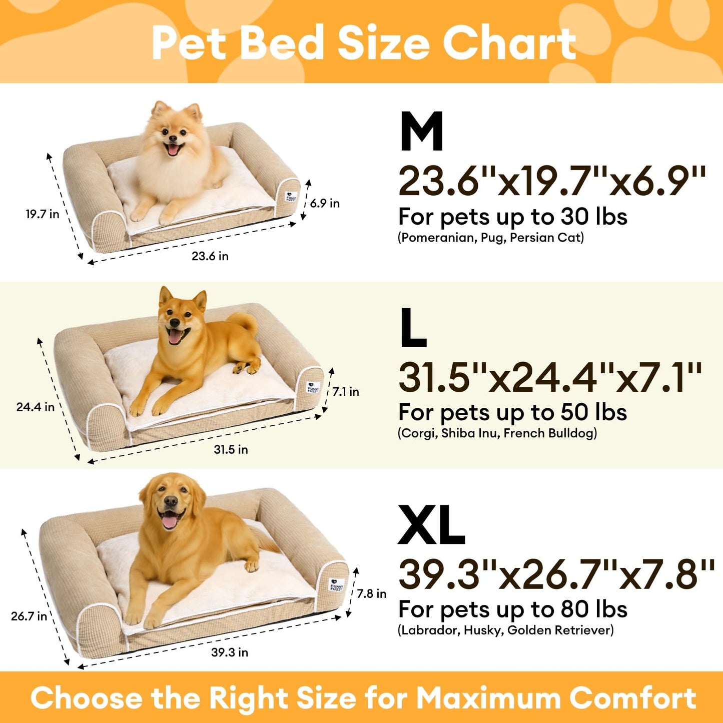 FUNNY FUZZY Orthopedic Dog Bed – Washable Dog Bed with Double Layer Plush Cushion Sofa Style Design with Bolstered Sides for Small Medium & Large Dogs Removable Cover M Size (23.6"x19.7"x6.9") Beige