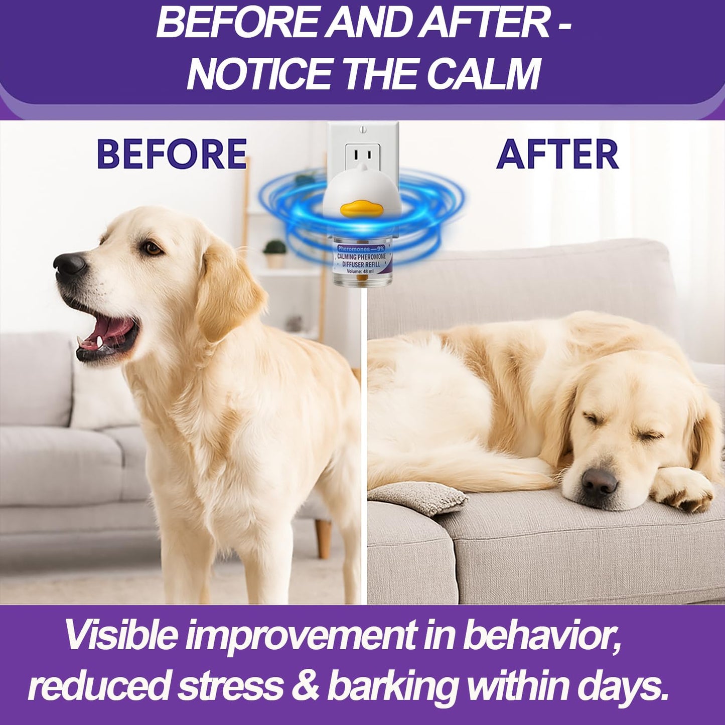 Dog Calming Pheromones Diffuser 6 in 1 Kit Appeasing Pheromone Diffuser to Calm (2 Plug in+4 Pack 48ml Refill) for Anxiety Relief Reduce Aggression Fighting Barking Stress 120 Day Supply (Purple)