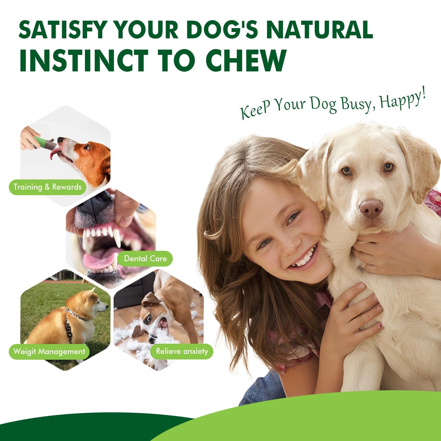 Durable Dog Chew Toys for Large Dogs - Tough Bone-Shaped Dental Chew with TPR Rubber & Wood Fiber, Teething & Aggressive Chewer Toys for Medium/Large Breed, Long-Lasting Teeth Cleaning (4 Pack Set)